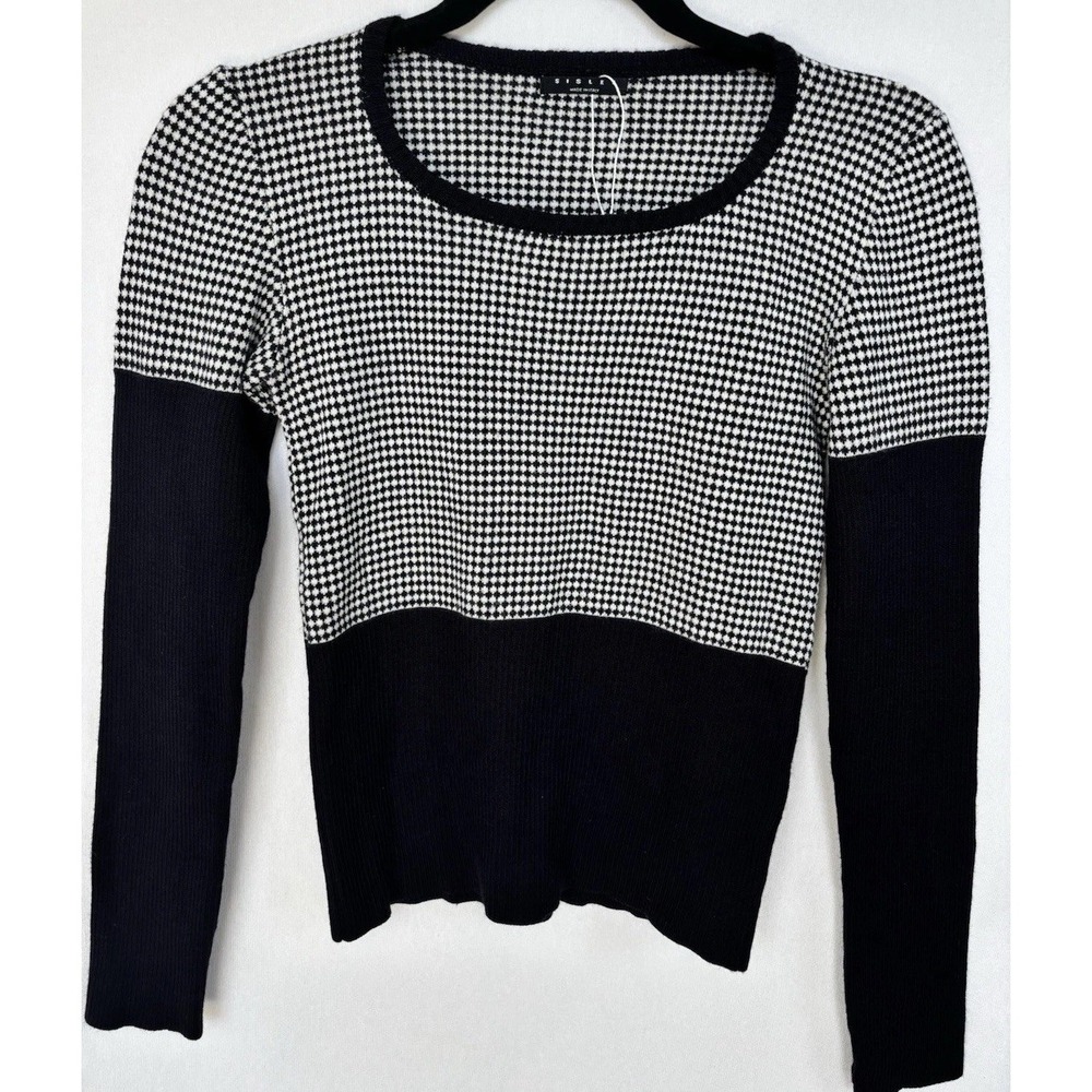Sisley Wool Blend Houndstooth Sweater Womens Small Navy White Italy Chic Knit